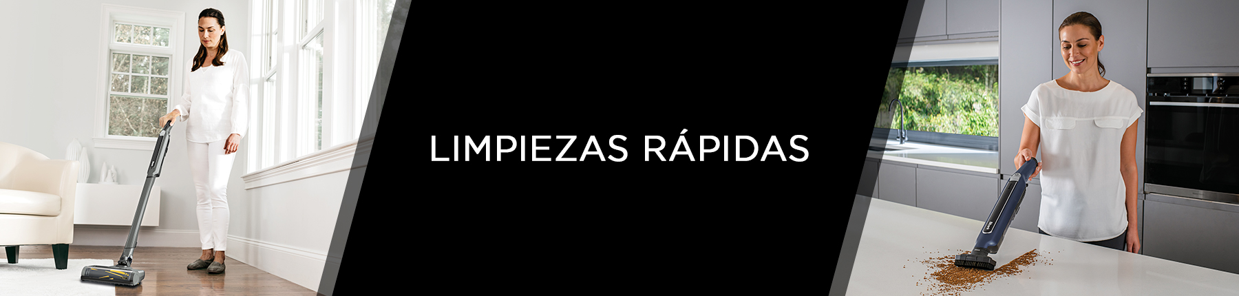 Dos mujeres limpiando diferentes superficies con las aspiradoras 2 en 1 de Shark: el suelo y una encimera