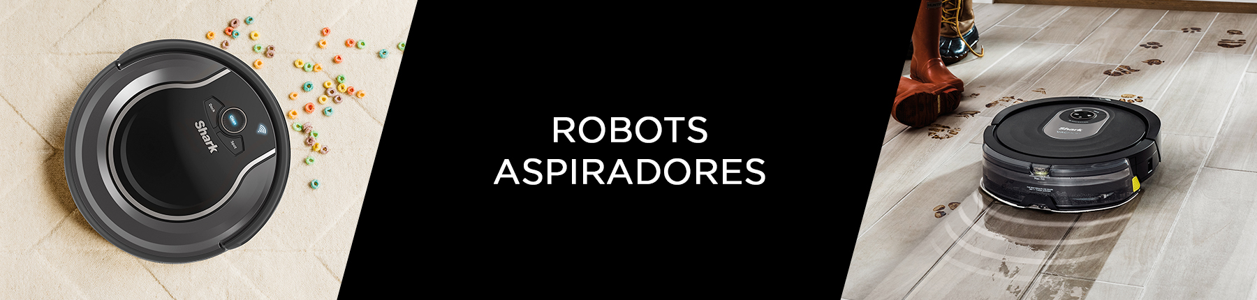 Dos robots aspiradores Shark aspirando en dos tipos de suelos duros